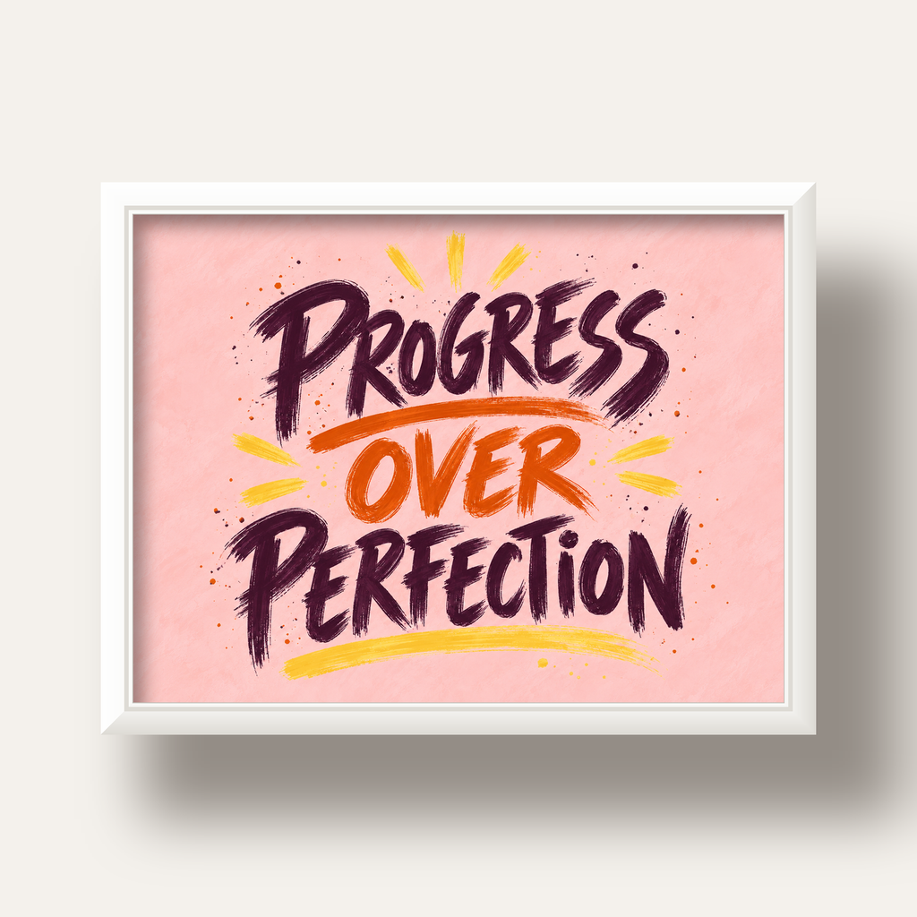 Progress Over Perfection İlham Verici Tipografi Poster — beyaz derin çerçeveli