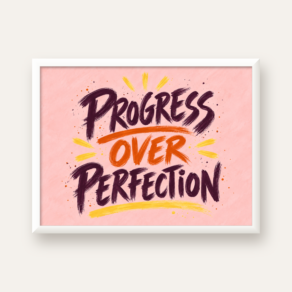 Progress Over Perfection İlham Verici Tipografi Poster — beyaz çerçeveli yatay poster