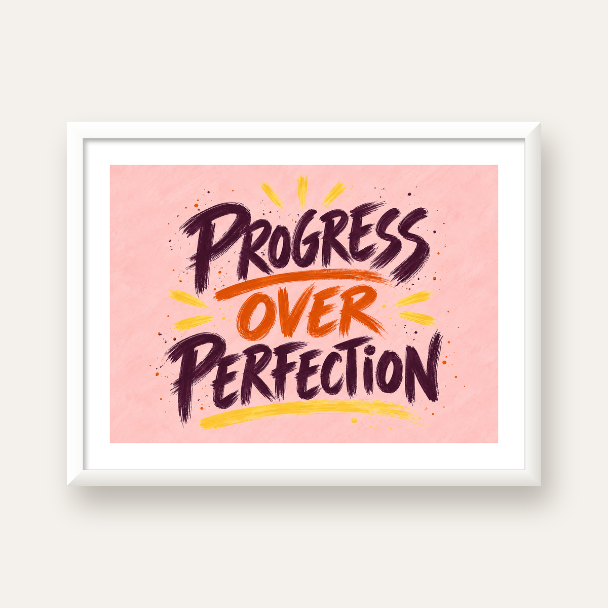 Progress Over Perfection İlham Verici Tipografi Poster — beyaz çerçeveli yatay poster