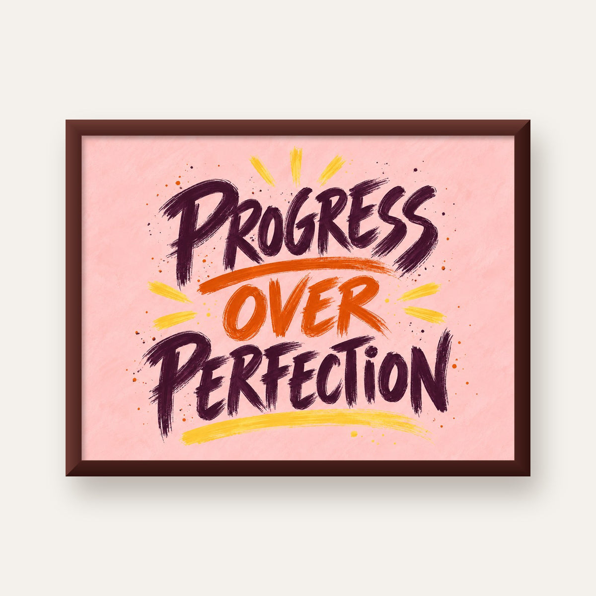 Progress Over Perfection İlham Verici Tipografi Poster — ceviz çerçeveli
