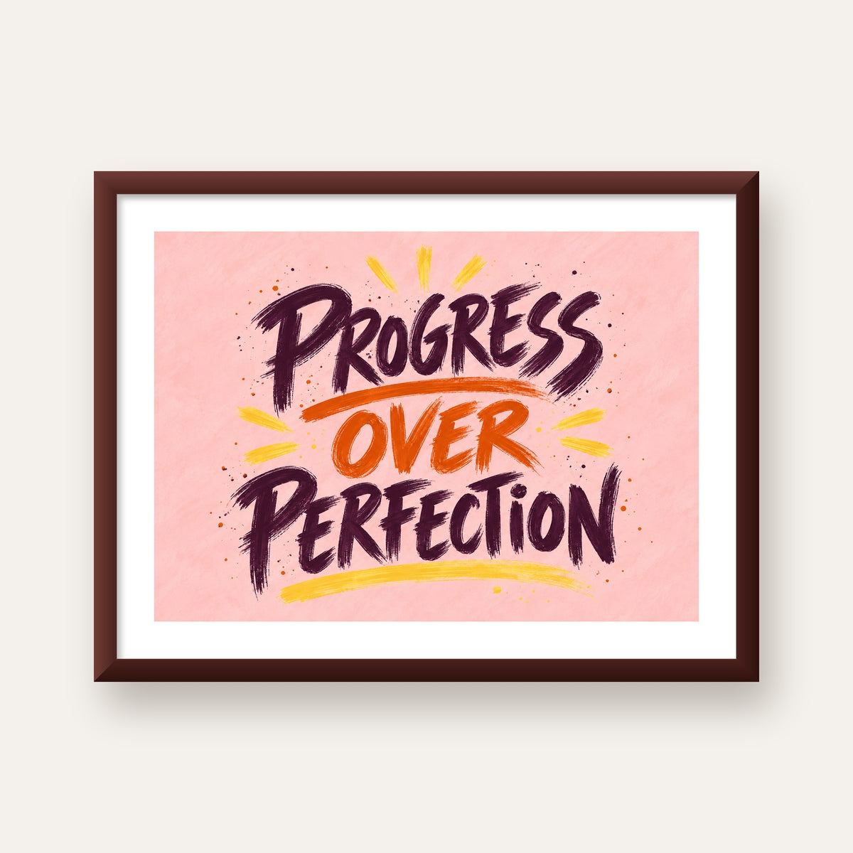 Progress Over Perfection İlham Verici Tipografi Poster — ceviz çerçeveli paspartulu