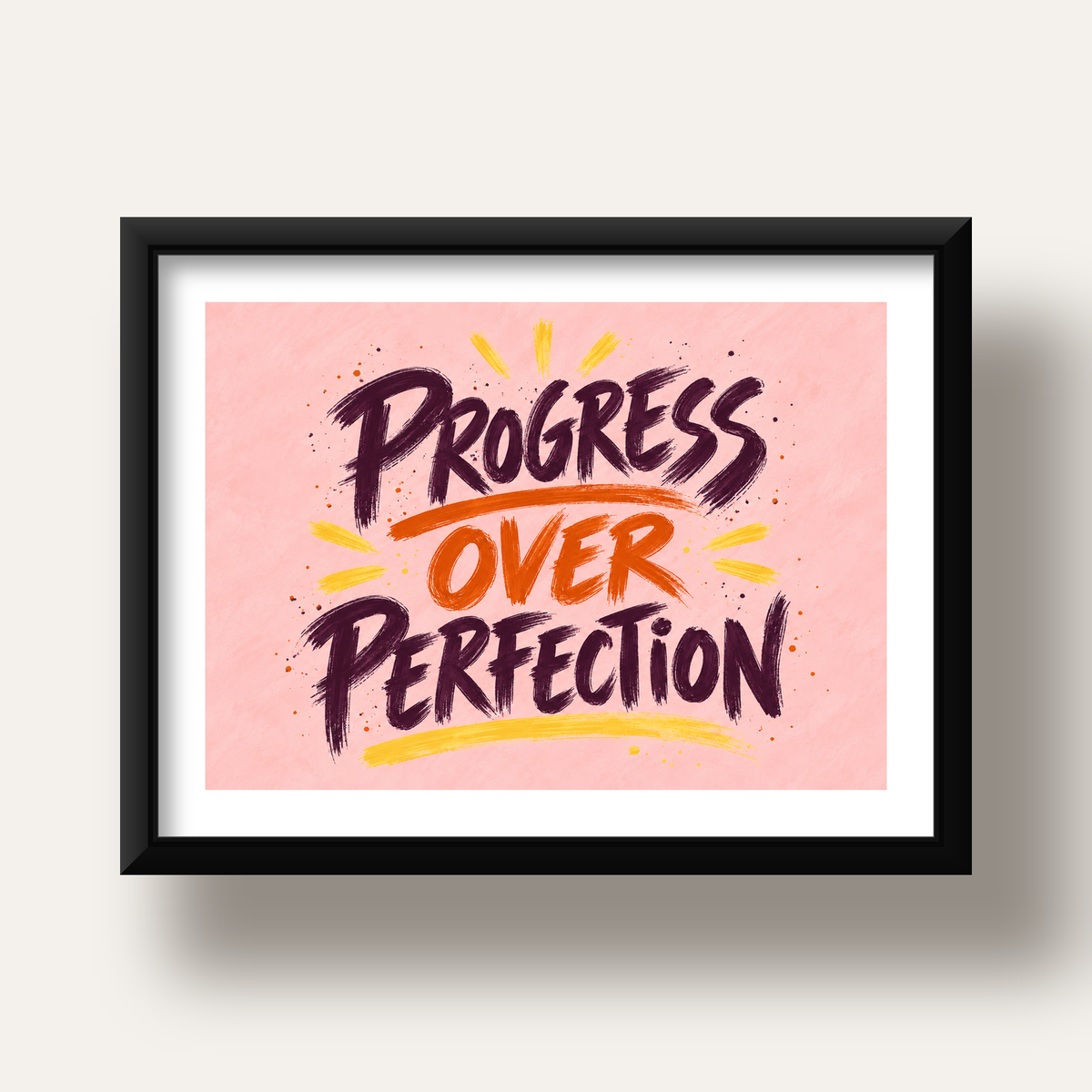 Progress Over Perfection İlham Verici Tipografi Poster — siyah derin çerçeveli paspartulu