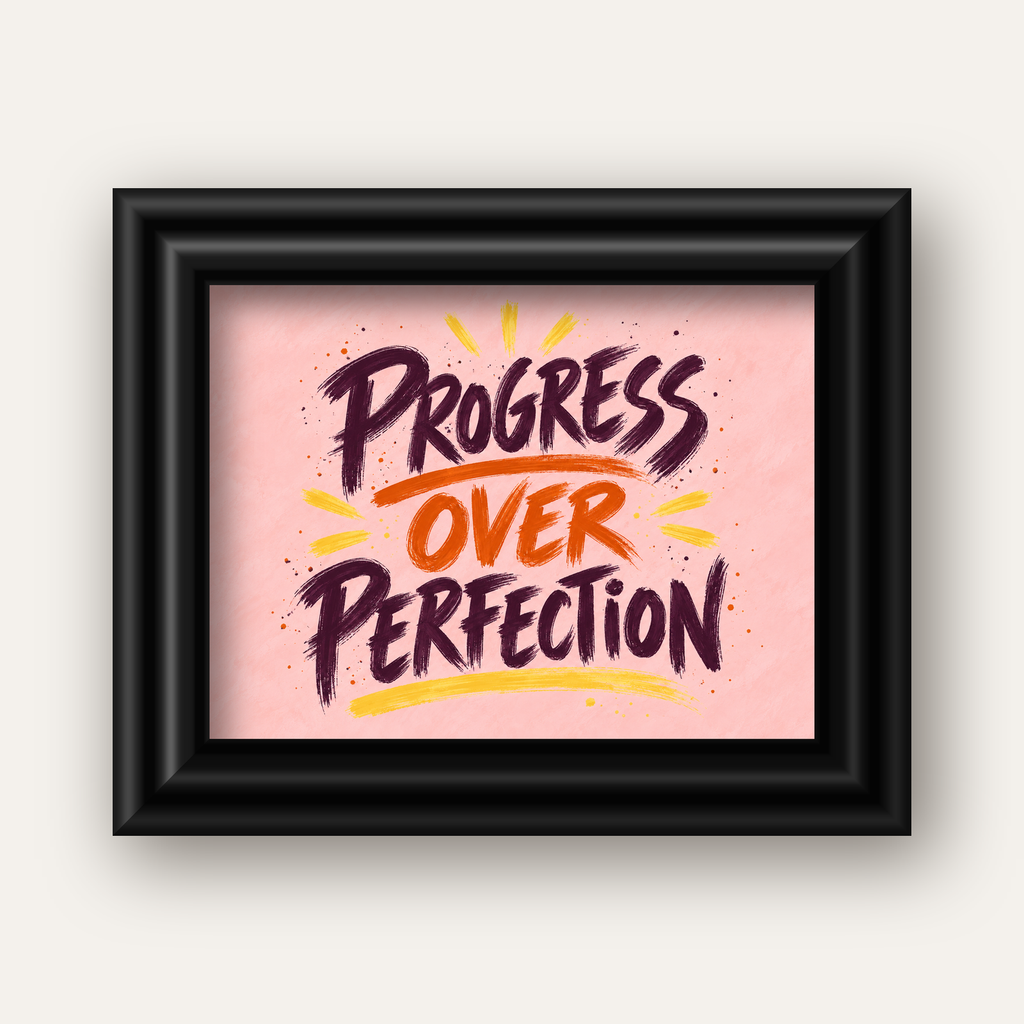 Progress Over Perfection İlham Verici Tipografi Poster — siyah galeri çerçeveli