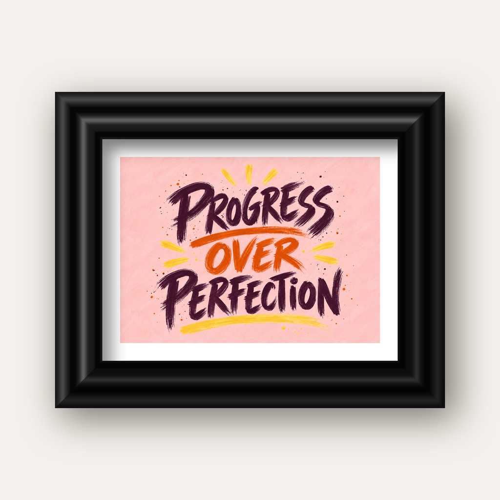 Progress Over Perfection İlham Verici Tipografi Poster — siyah galeri çerçeveli paspartulu
