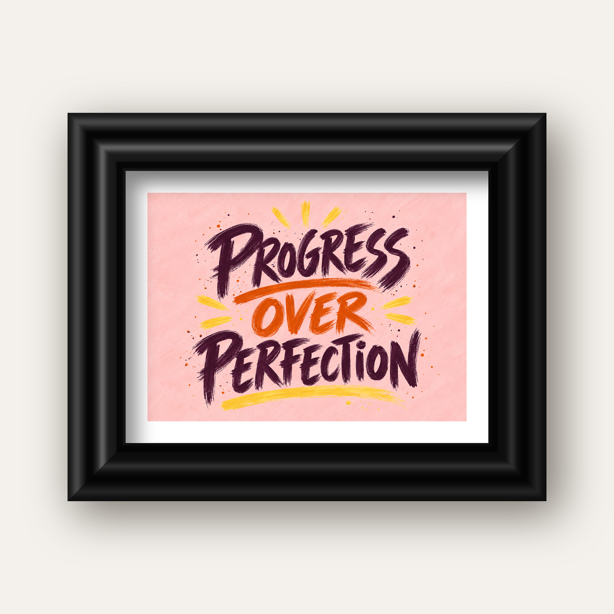 Progress Over Perfection İlham Verici Tipografi Poster — siyah galeri çerçeveli paspartulu