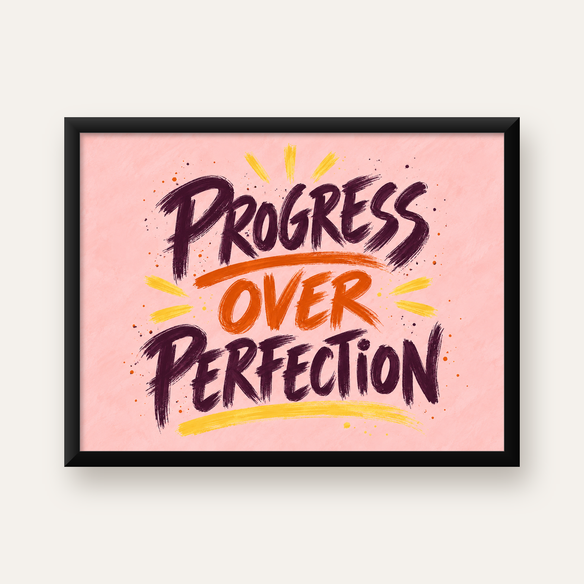 Progress Over Perfection İlham Verici Tipografi Poster — Yatay baskı, düz siyah çerçeveli duvar posteri