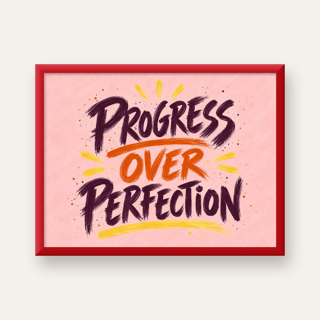 Progress Over Perfection İlham Verici Tipografi Poster — kırmızı çerçeveli