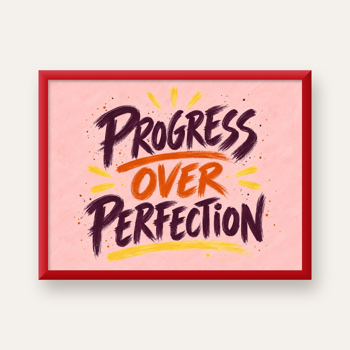 Progress Over Perfection İlham Verici Tipografi Poster — kırmızı çerçeveli
