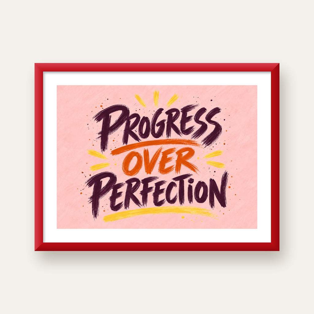 Progress Over Perfection İlham Verici Tipografi Poster — kırmızı çerçeveli paspartulu