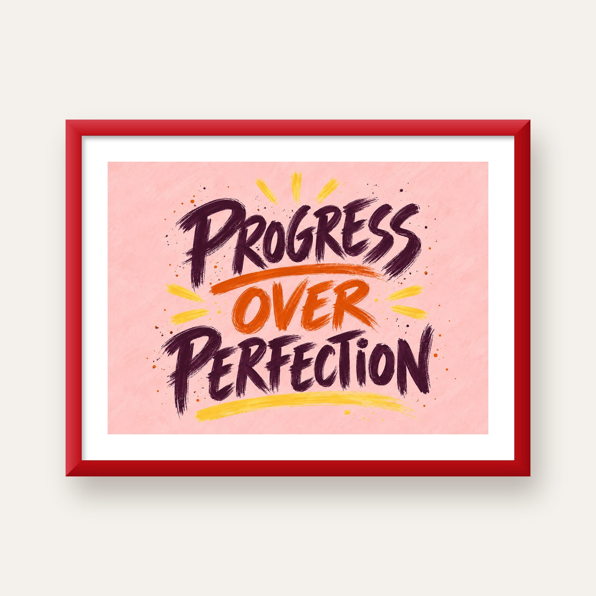 Progress Over Perfection İlham Verici Tipografi Poster — kırmızı çerçeveli paspartulu