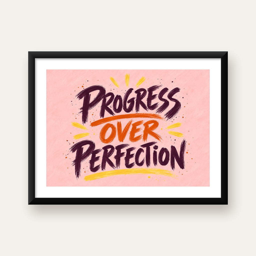 Progress Over Perfection İlham Verici Tipografi Poster — Yatay baskı, beyaz kenar boşluklu