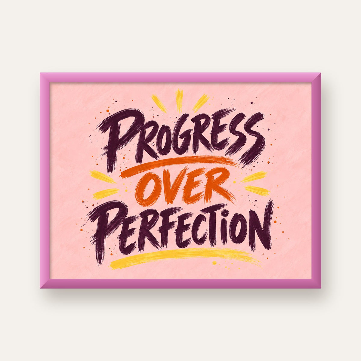 Progress Over Perfection İlham Verici Tipografi Poster — pembe çerçeveli