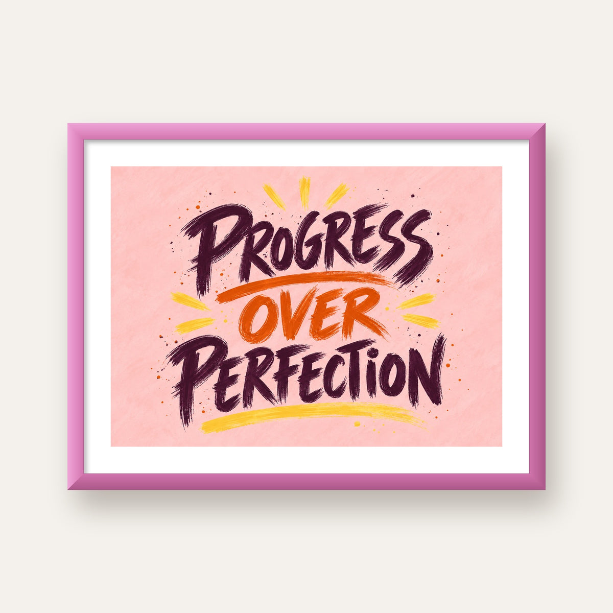 Progress Over Perfection İlham Verici Tipografi Poster — pembe çerçeveli paspartulu