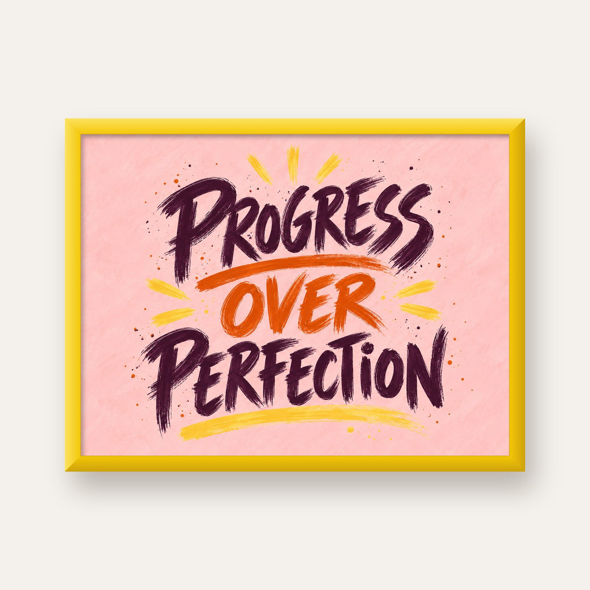 Progress Over Perfection İlham Verici Tipografi Poster — sarı çerçeveli