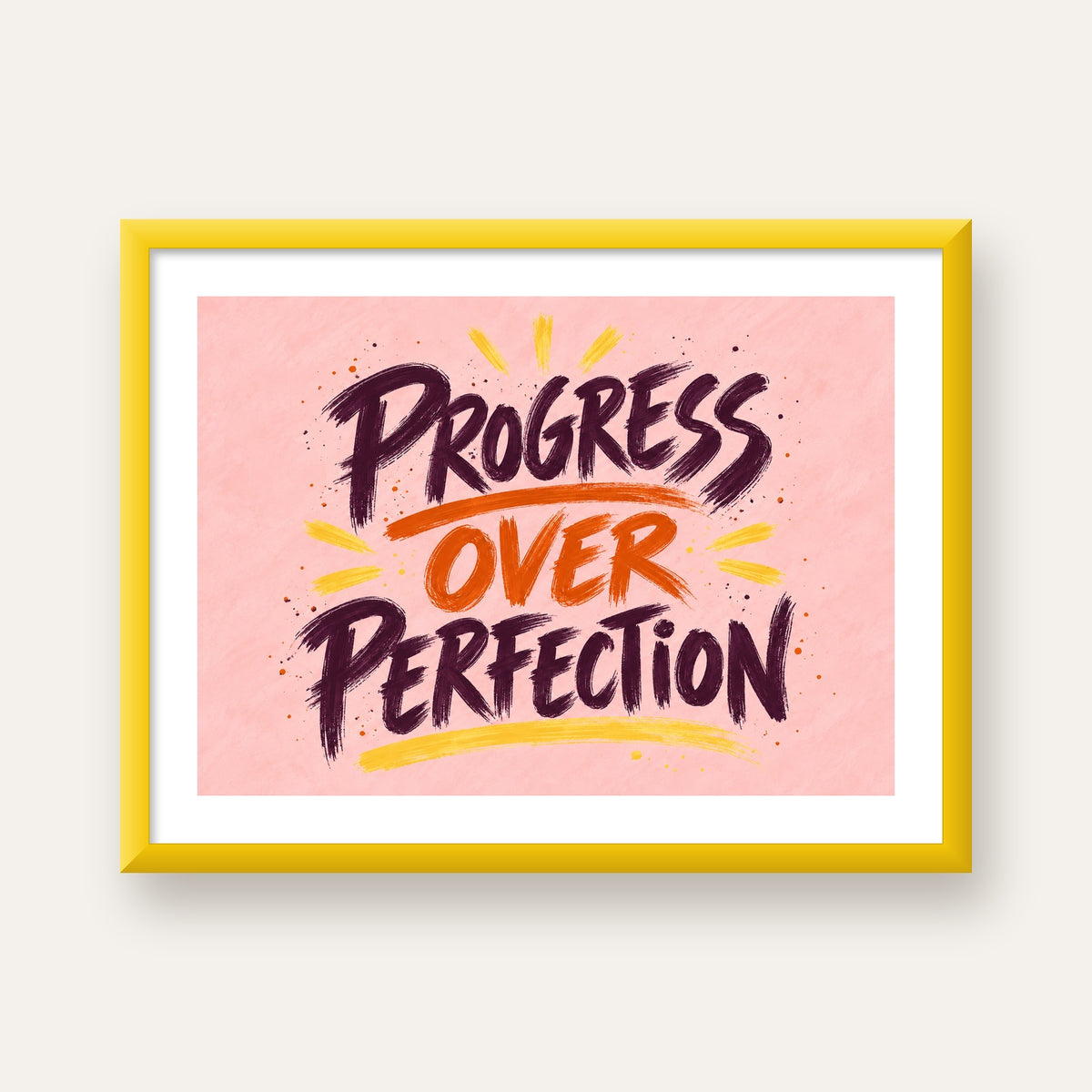 Progress Over Perfection İlham Verici Tipografi Poster — sarı çerçeveli paspartulu