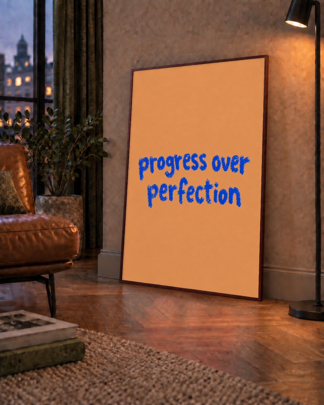 Progress Over Perfection Minimal Turuncu Poster — çerçeveli hâliyle bir ev duvarında