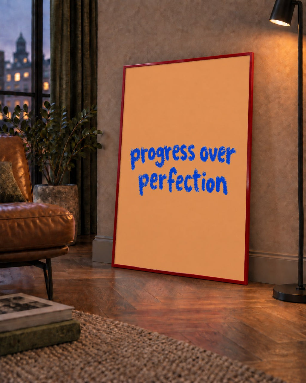 Progress Over Perfection Minimal Turuncu Poster — çerçeveli hâliyle bir ev duvarında