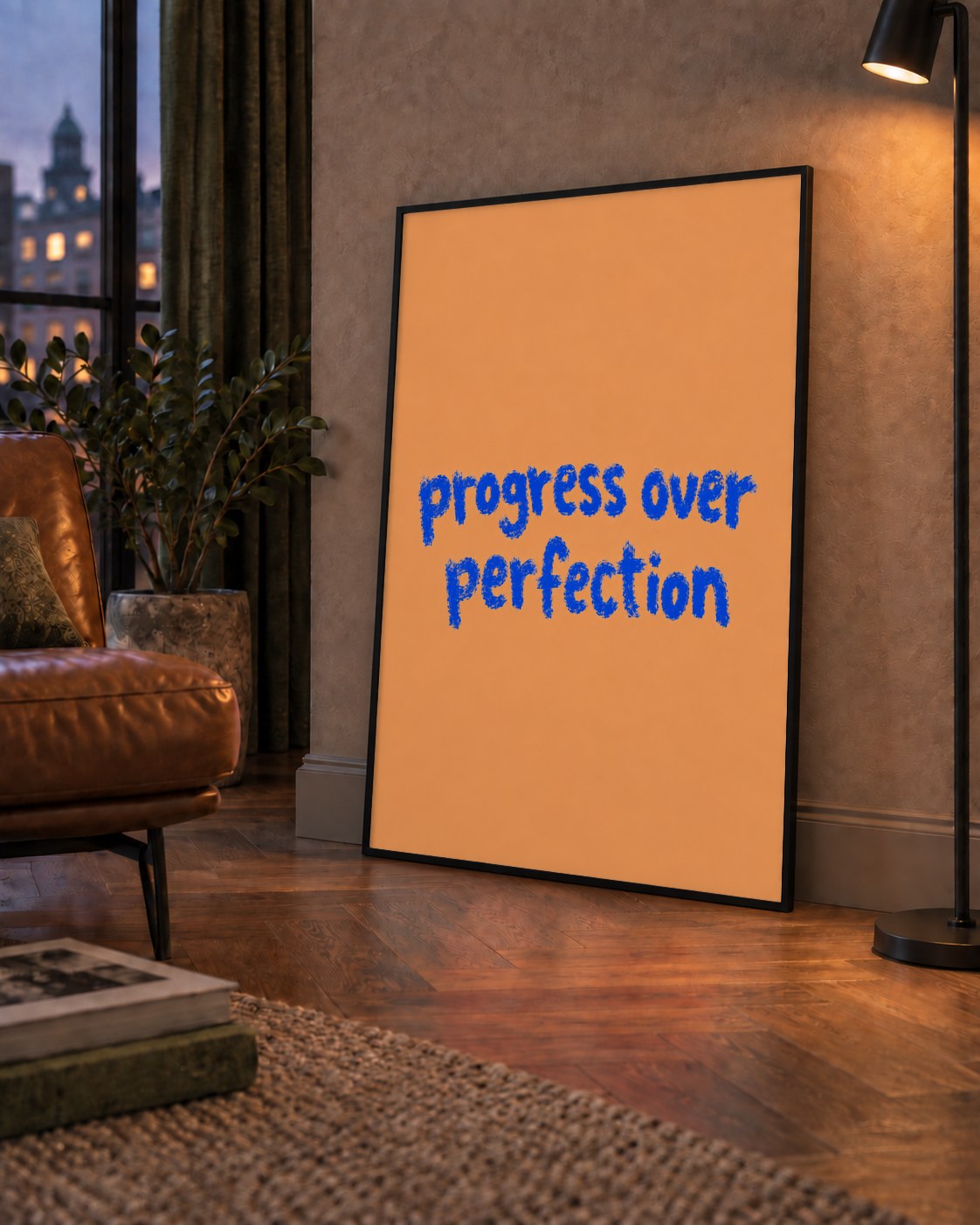 Progress Over Perfection Minimal Turuncu Poster — çerçeveli hâliyle bir ev duvarında