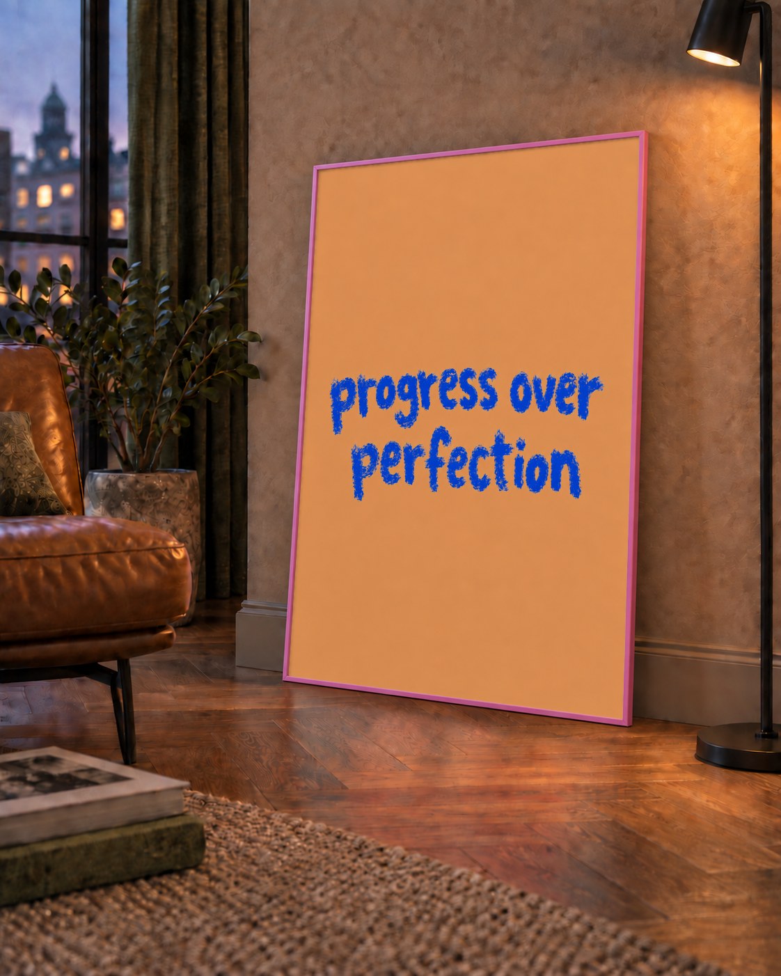 Progress Over Perfection Minimal Turuncu Poster — çerçeveli hâliyle bir ev duvarında
