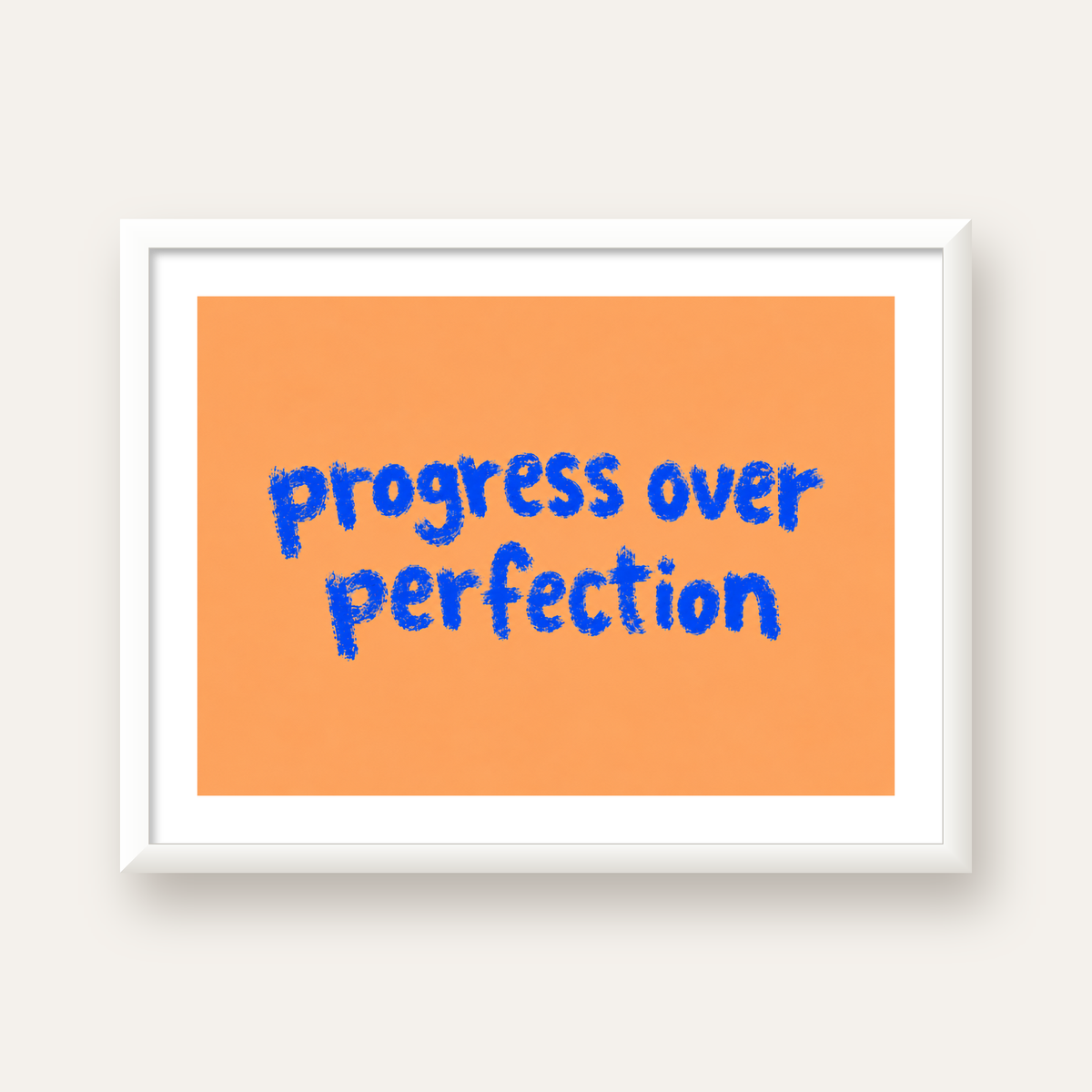 Progress Over Perfection Minimal Turuncu Poster — beyaz çerçeveli yatay poster