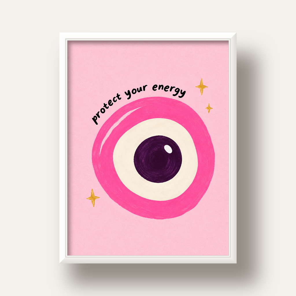 Protect Your Energy Pembe Nazar Poster — beyaz derin çerçeveli