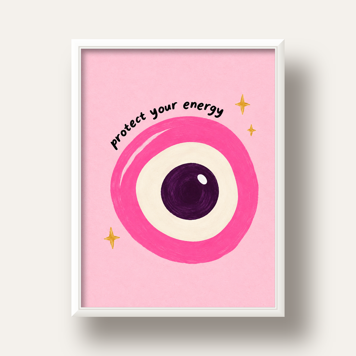 Protect Your Energy Pembe Nazar Poster — beyaz derin çerçeveli