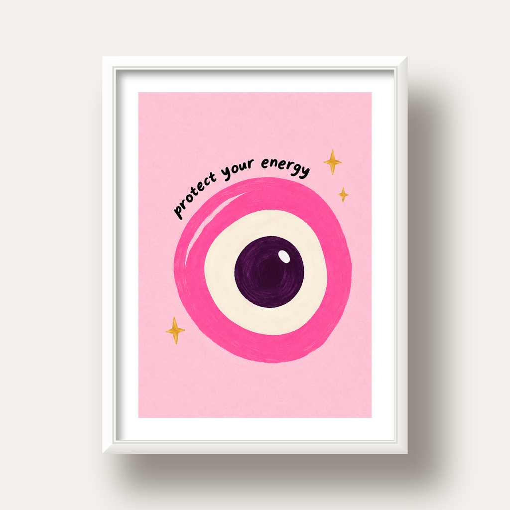 Protect Your Energy Pembe Nazar Poster — beyaz derin çerçeveli paspartulu
