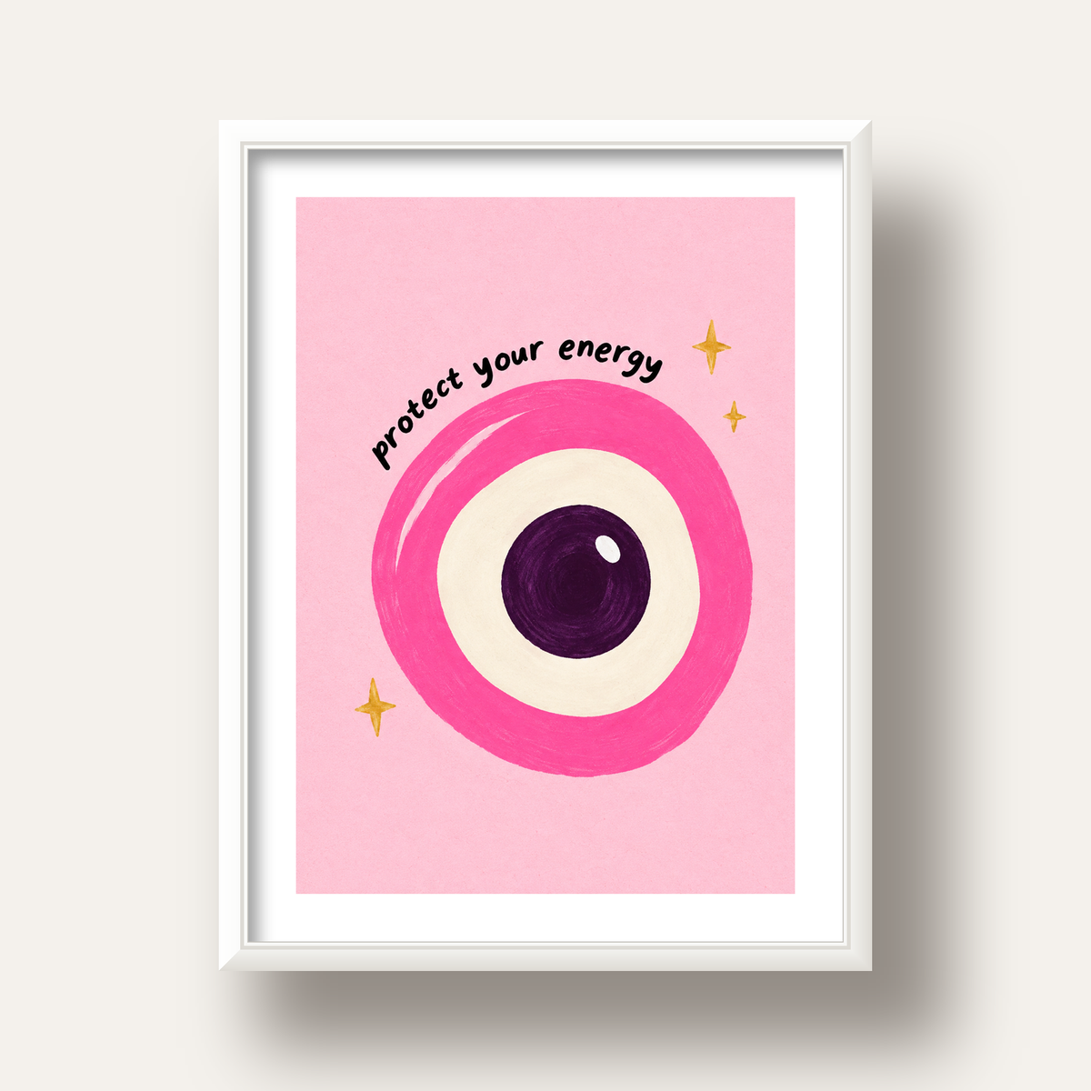 Protect Your Energy Pembe Nazar Poster — beyaz derin çerçeveli paspartulu