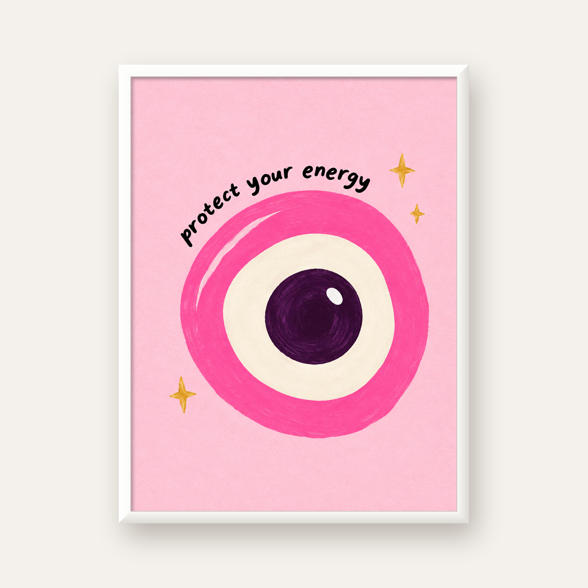 Protect Your Energy Pembe Nazar Poster — beyaz çerçeveli dikey poster