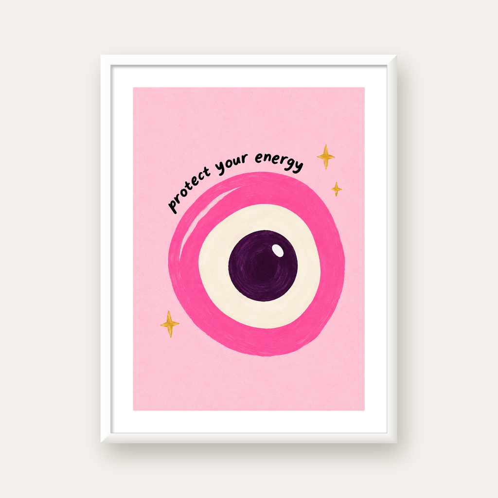 Protect Your Energy Pembe Nazar Poster — beyaz çerçeveli dikey poster