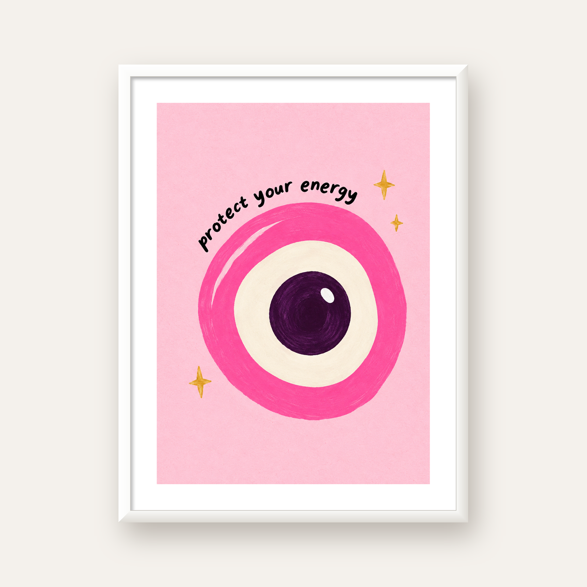 Protect Your Energy Pembe Nazar Poster — beyaz çerçeveli dikey poster