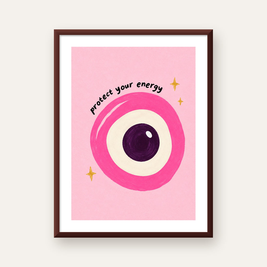 Protect Your Energy Pembe Nazar Poster — ceviz çerçeveli paspartulu