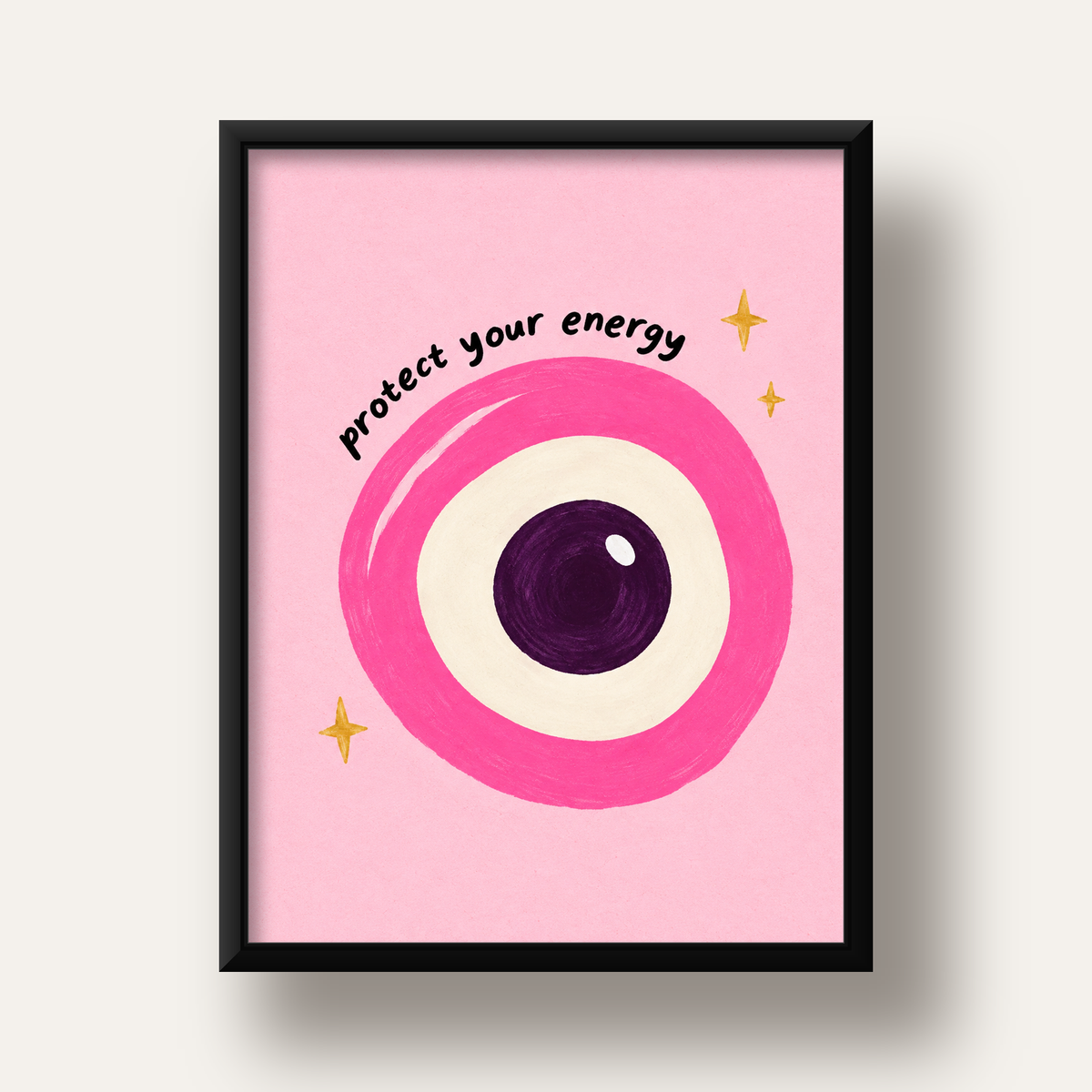 Protect Your Energy Pembe Nazar Poster — siyah derin çerçeveli