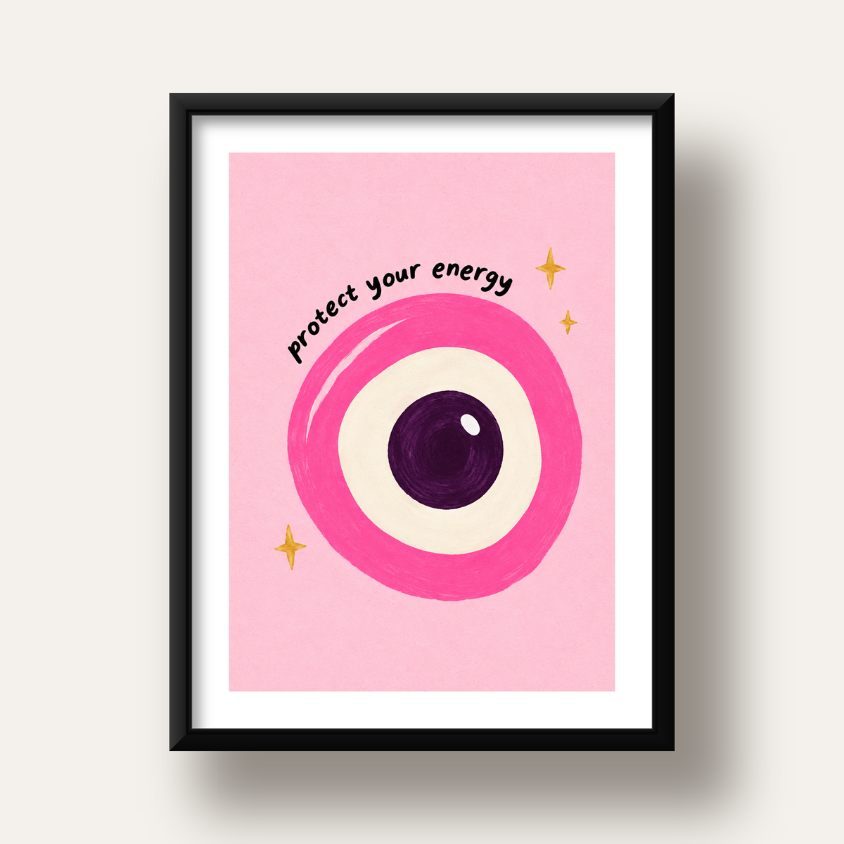 Protect Your Energy Pembe Nazar Poster — siyah derin çerçeveli paspartulu