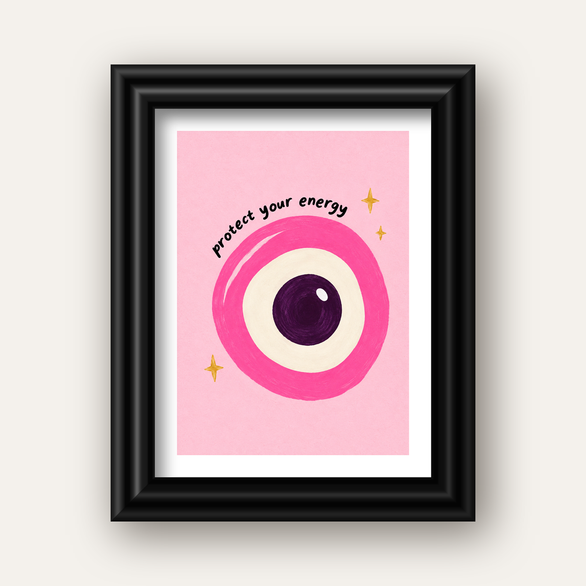 Protect Your Energy Pembe Nazar Poster — siyah galeri çerçeveli paspartulu