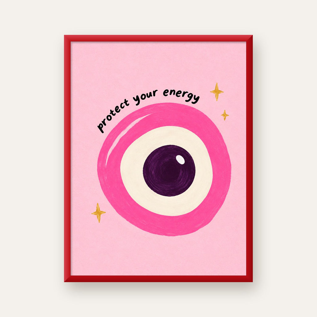 Protect Your Energy Pembe Nazar Poster — kırmızı çerçeveli