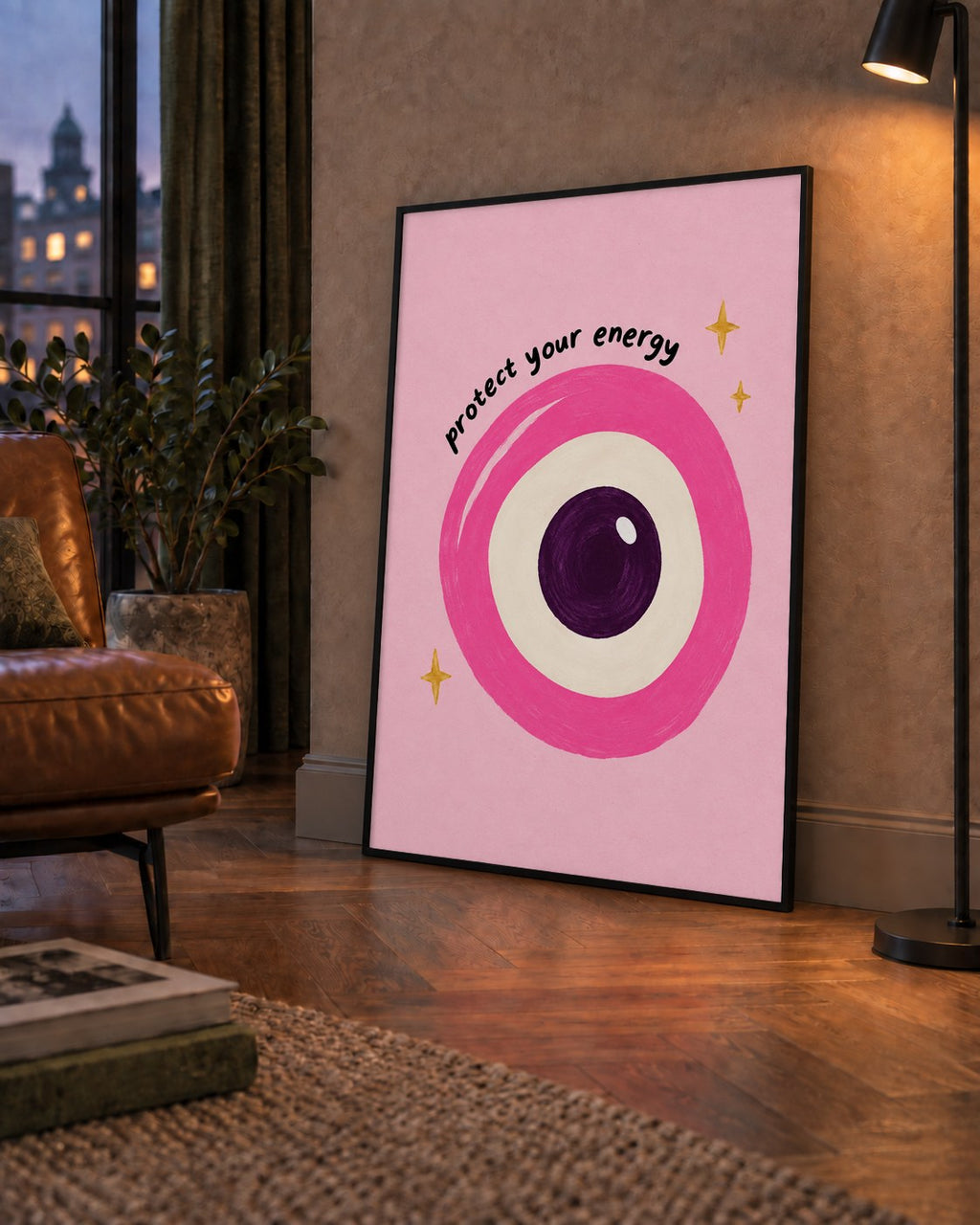 Protect Your Energy Pembe Nazar Poster — çerçeveli hâliyle bir ev duvarında
