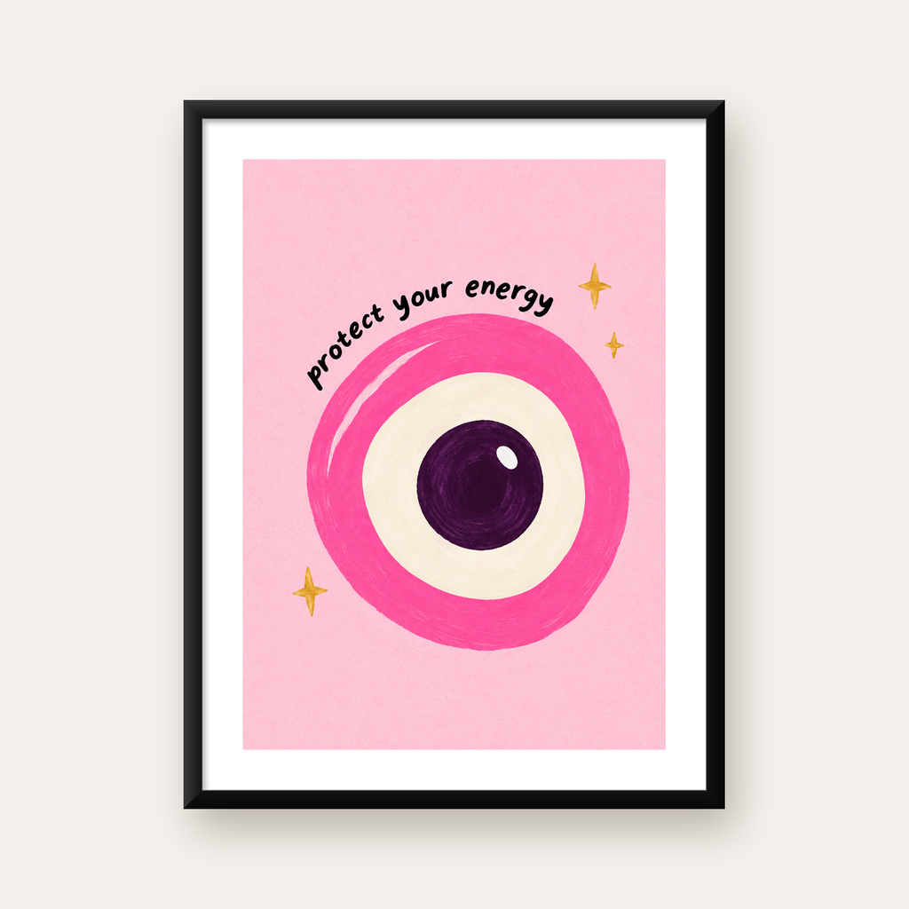 Pembe Nazar Boncuğu İllüstrasyonlu Modern Poster, Suluboya — Dikey baskı, beyaz kenar boşluklu