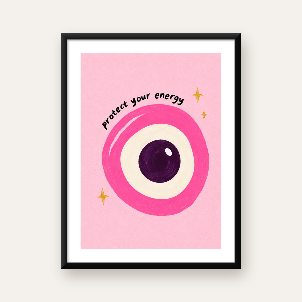 Pembe Nazar Boncuğu İllüstrasyonlu Modern Poster, Suluboya — Dikey baskı, beyaz kenar boşluklu