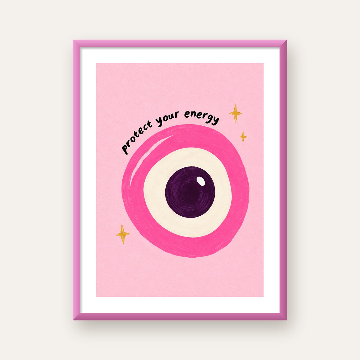 Protect Your Energy Pembe Nazar Poster — pembe çerçeveli paspartulu