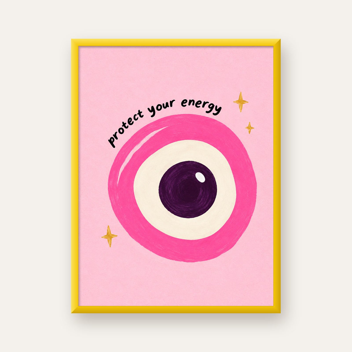 Protect Your Energy Pembe Nazar Poster — sarı çerçeveli