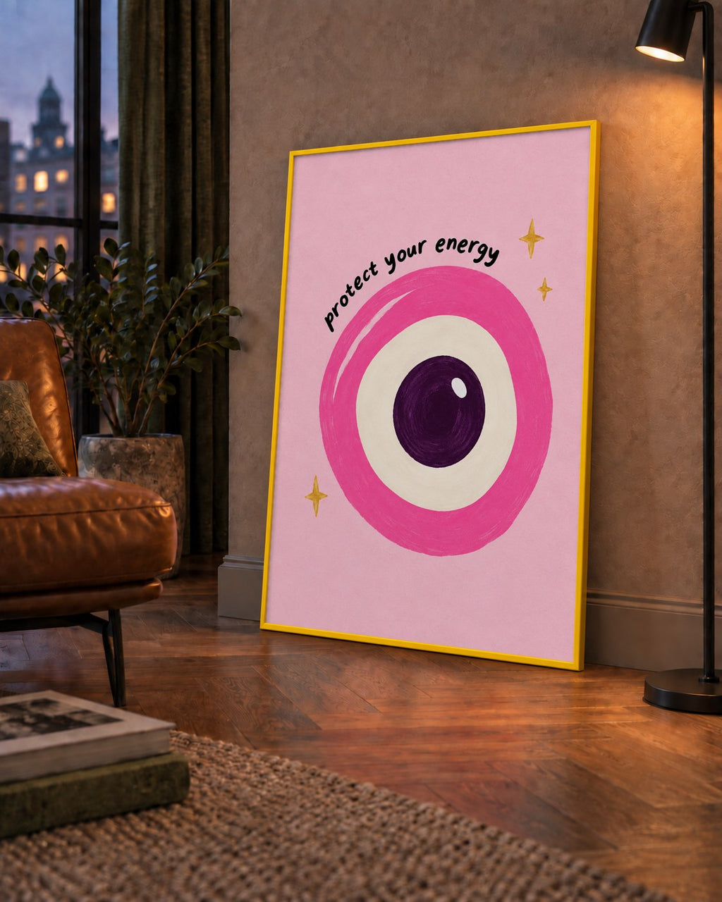 Protect Your Energy Pembe Nazar Poster — çerçeveli hâliyle bir ev duvarında