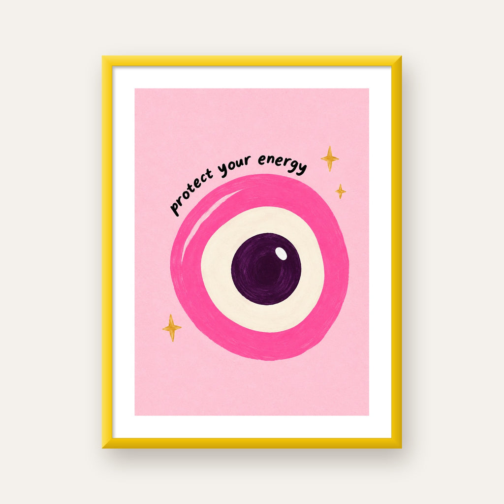 Protect Your Energy Pembe Nazar Poster — sarı çerçeveli paspartulu