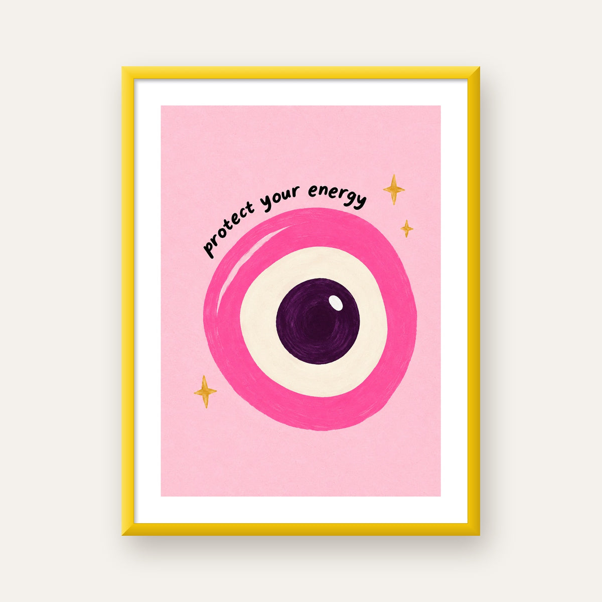 Protect Your Energy Pembe Nazar Poster — sarı çerçeveli paspartulu