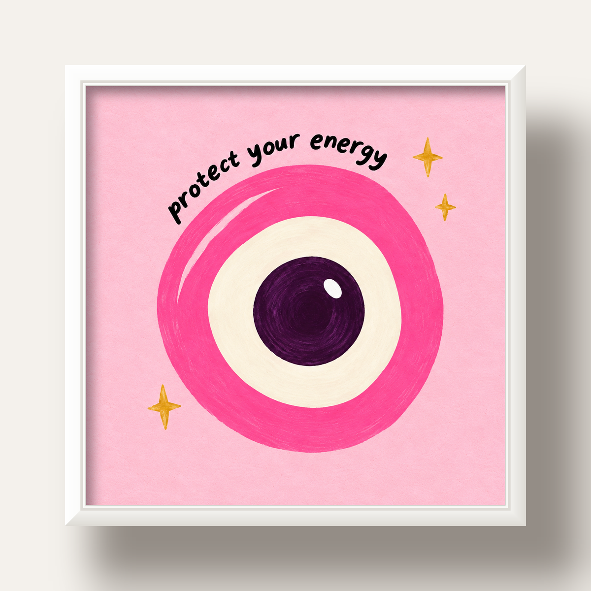 Protect Your Energy Pembe Nazar Poster — beyaz derin çerçeveli
