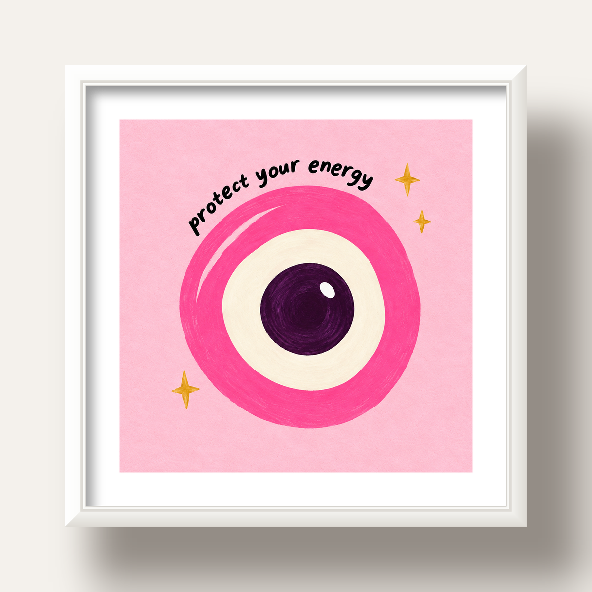 Protect Your Energy Pembe Nazar Poster — beyaz derin çerçeveli paspartulu