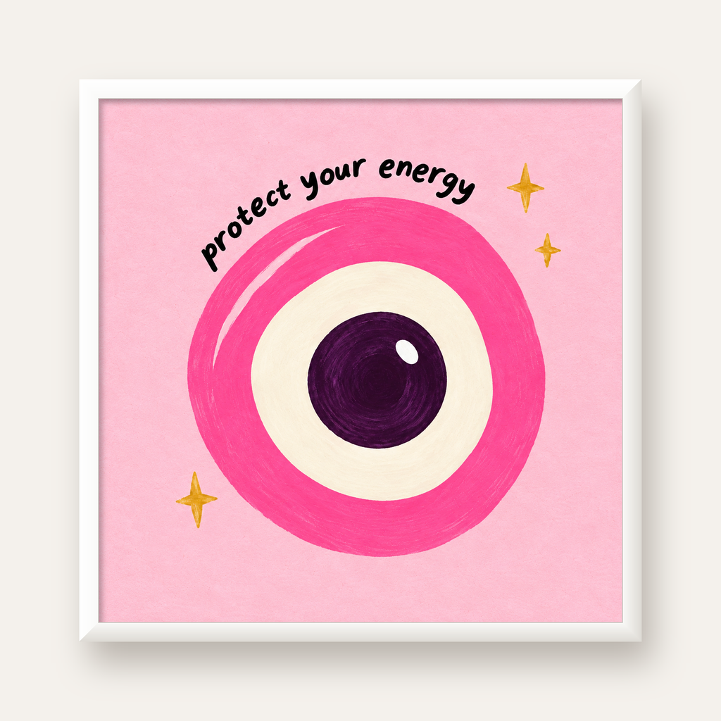 Protect Your Energy Pembe Nazar Poster — beyaz çerçeveli kare poster