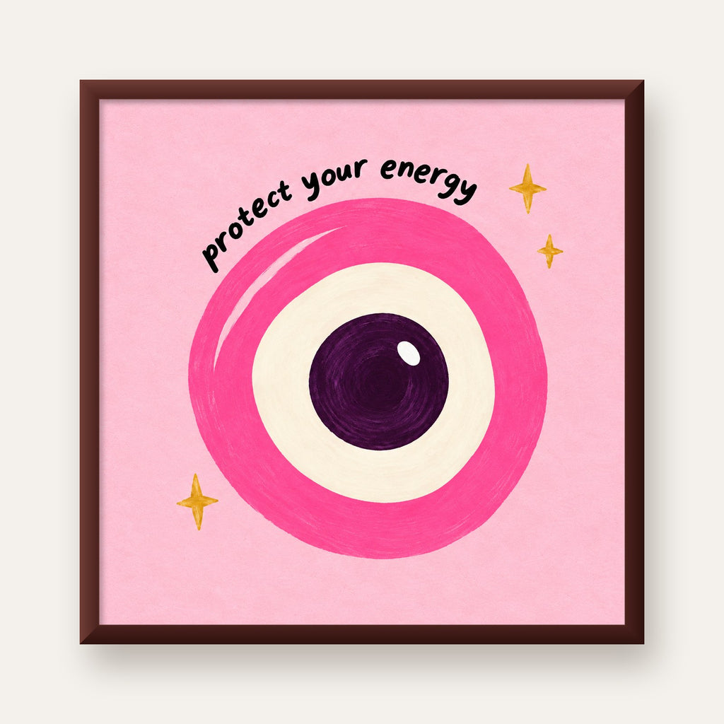Protect Your Energy Pembe Nazar Poster — ceviz çerçeveli
