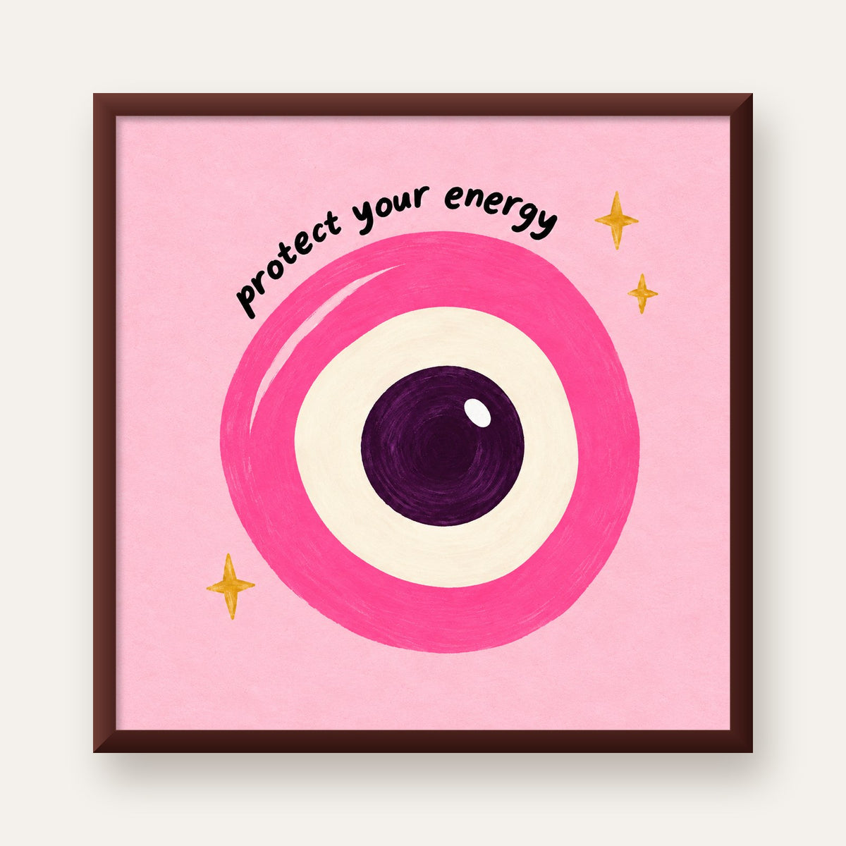 Protect Your Energy Pembe Nazar Poster — ceviz çerçeveli