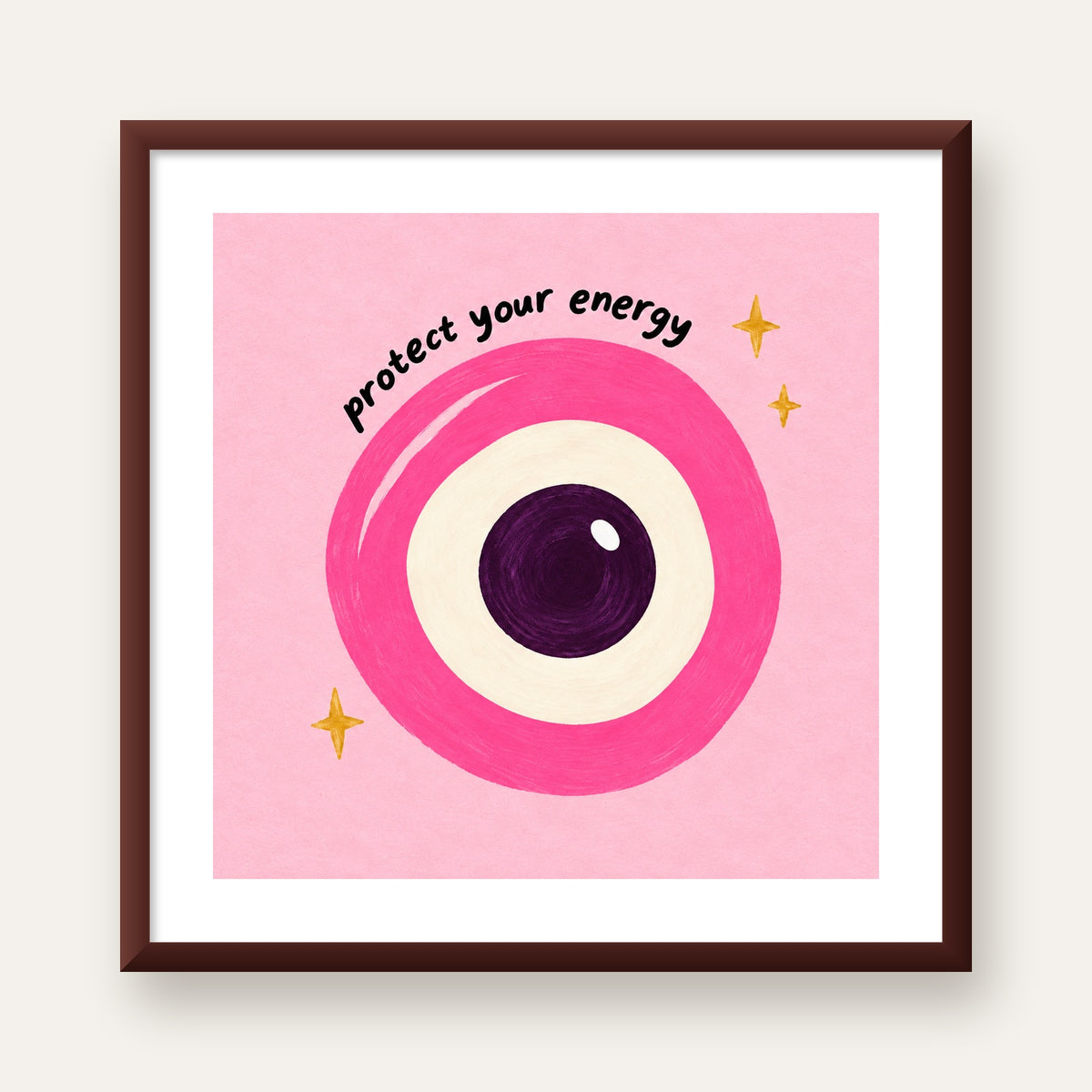 Protect Your Energy Pembe Nazar Poster — ceviz çerçeveli paspartulu